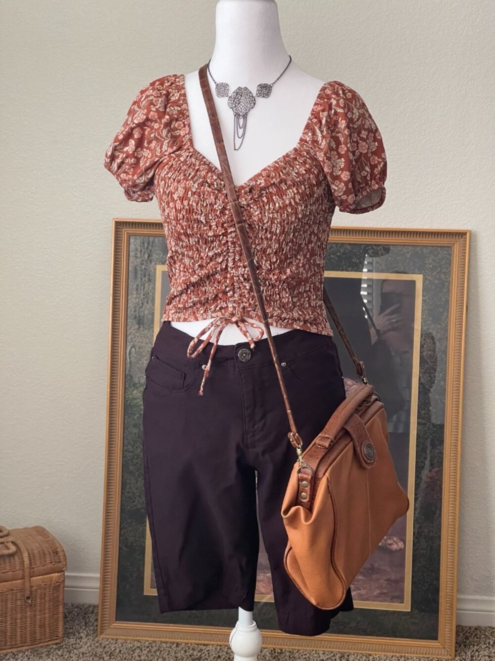 Streetwear Society Floral Smocked Puff Sleeve Crop Top Medium Rust Boho